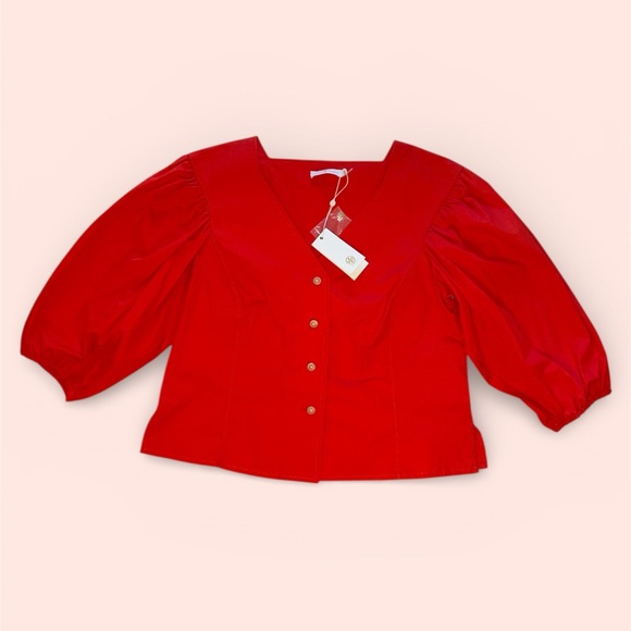 Tory Burch Tops - Tory Burch Red Cotton Puff Sleeve Button Up Blouse